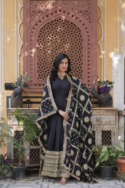 Black & Maroon Star  Gown with Dupatta – Ready-to-Wear Collection