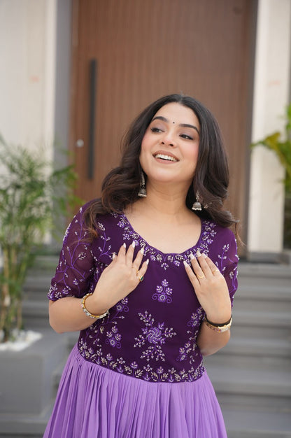 Designer Blue & Purple Gown with Embroidery & Floral Digital Print