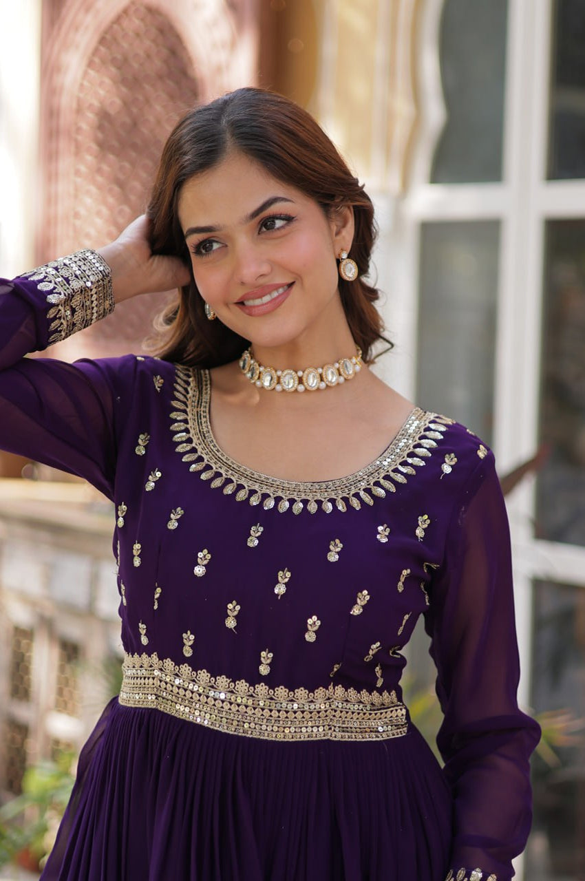 Maroon & Purple Faux Embroidered Gown with Dupatta – Regal Edition