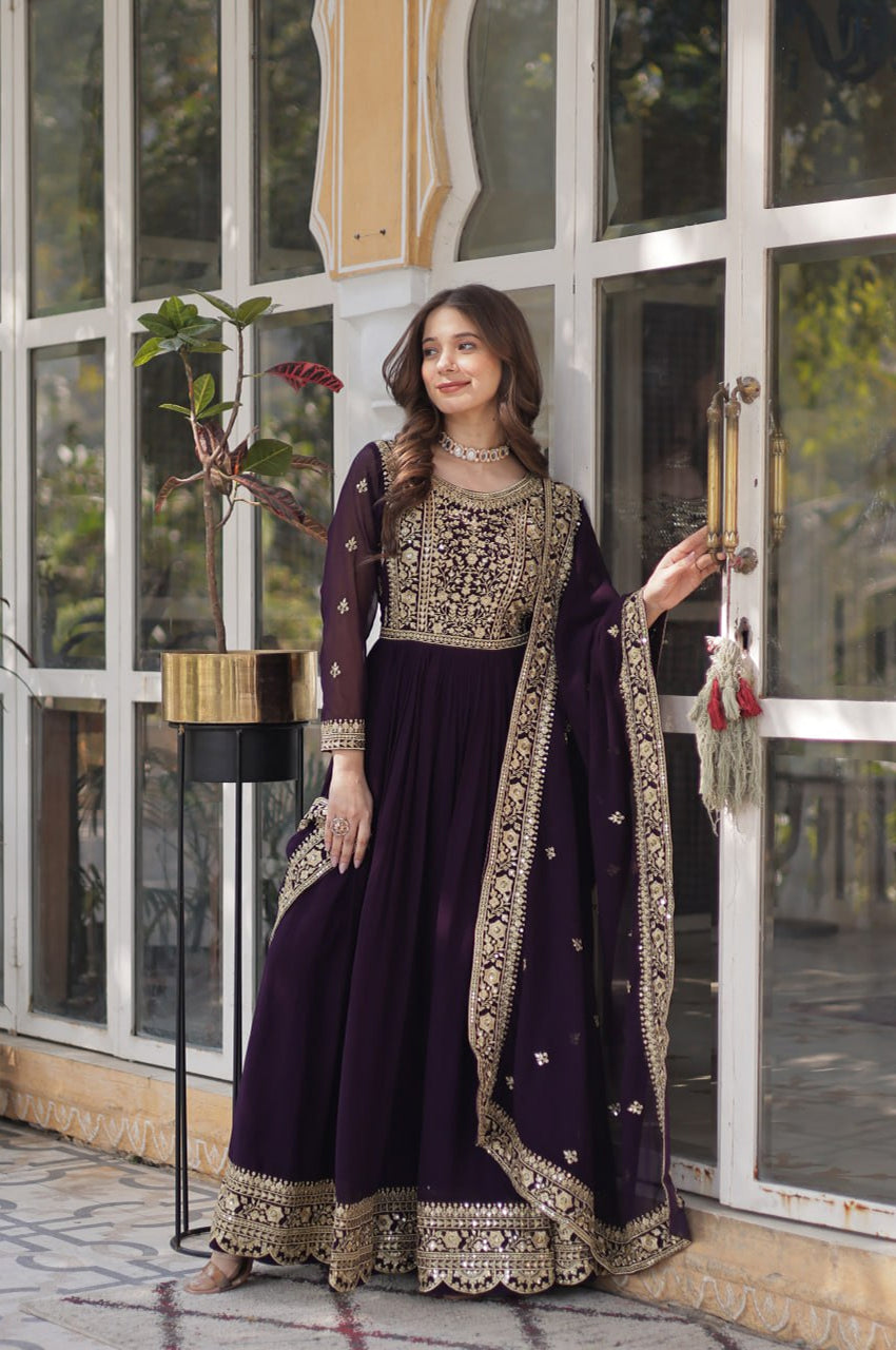 Faux Embroidered Gown Set | Rama & Purple | Premium Festive Wear