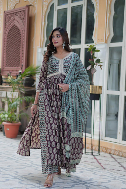 Pure Cotton Kurti Pant Dupatta Set | Coffee & Green | Ethnic Luxe