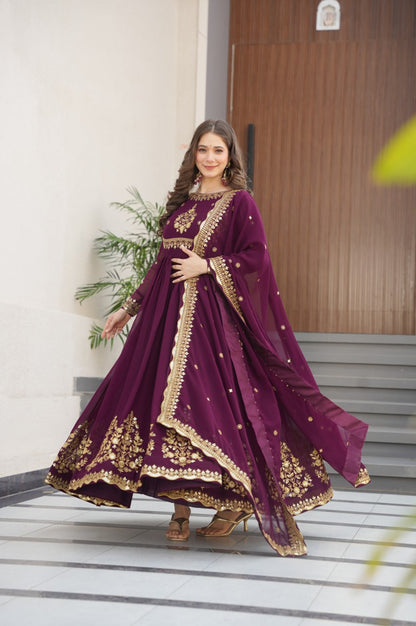 Green & Purple Premium Zari Embroidered Gown with Dupatta