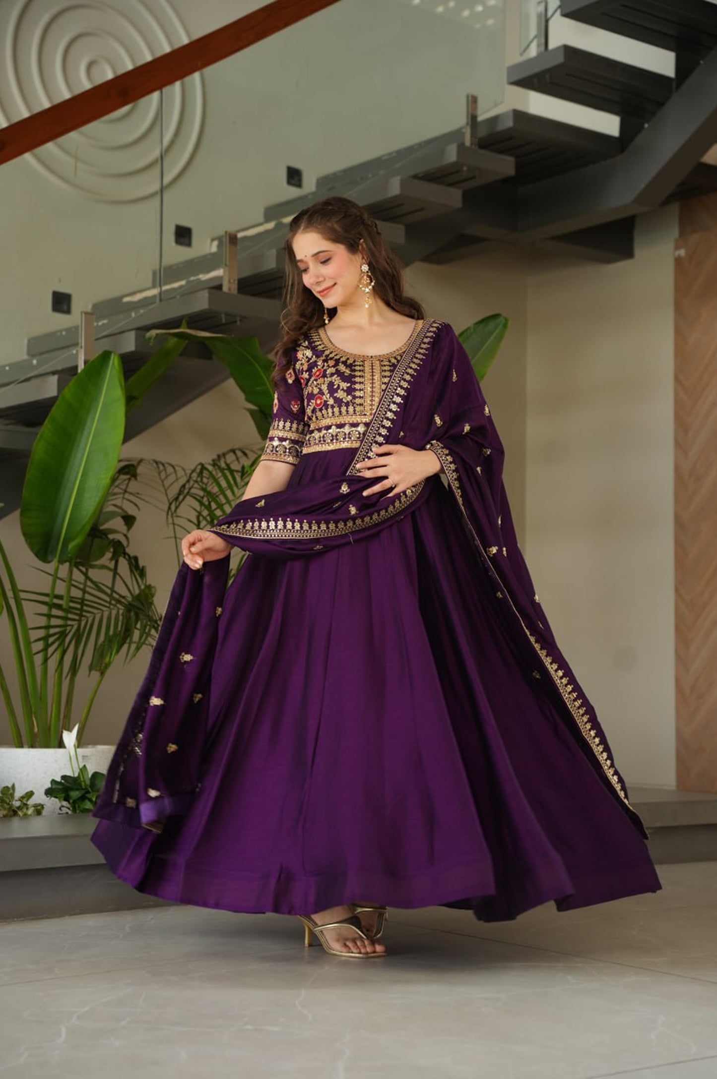 Premium Vichitra Silk Gown with Dupatta (Red & Purple Variants)