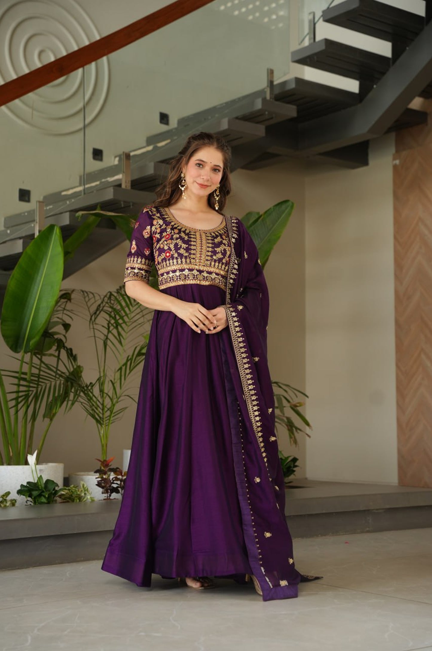 Premium Vichitra Silk Gown with Dupatta (Red & Purple Variants)