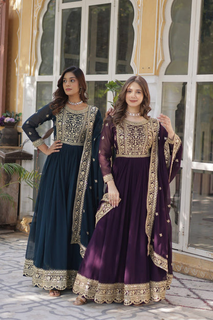 Faux Embroidered Gown Set | Rama & Purple | Premium Festive Wear