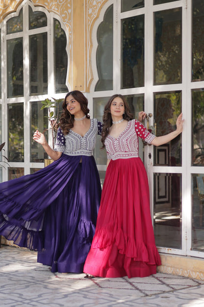 Slit-Cut Long Kurti with Lehenga Set | Purple & Red