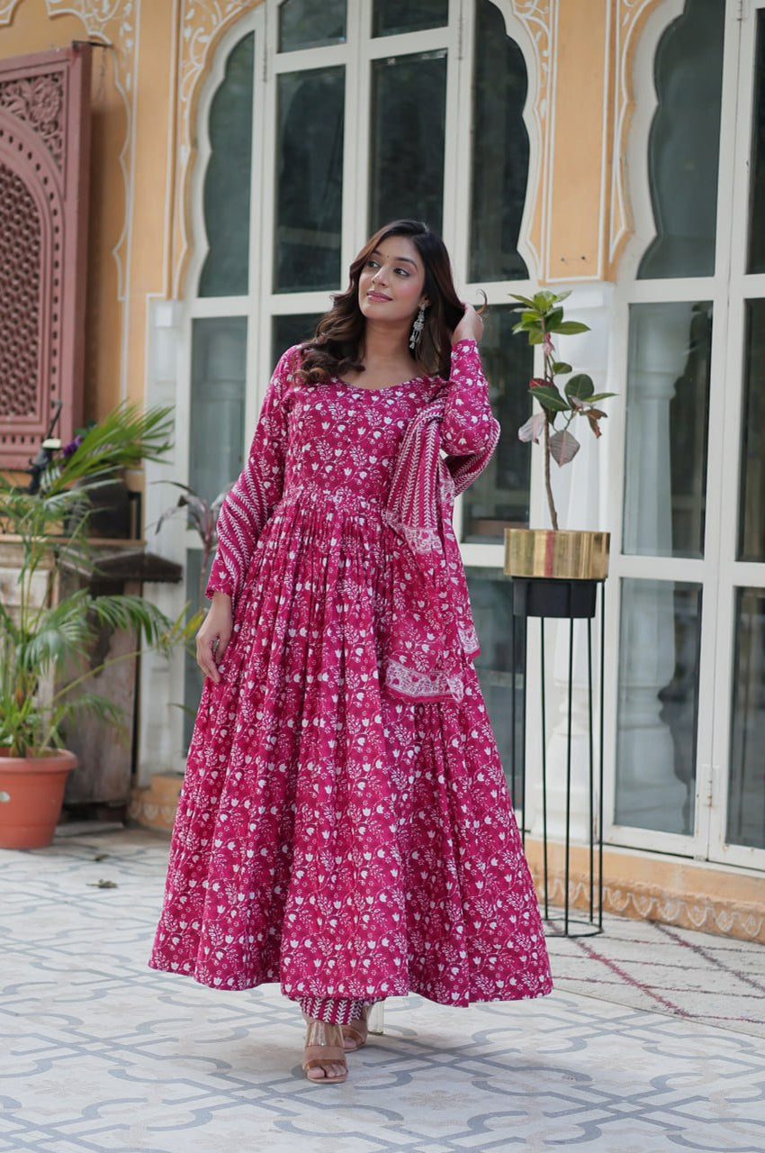 Pure Cotton Kurti with Pant & Dupatta Set | Blue & Pink | Ethnic Chic