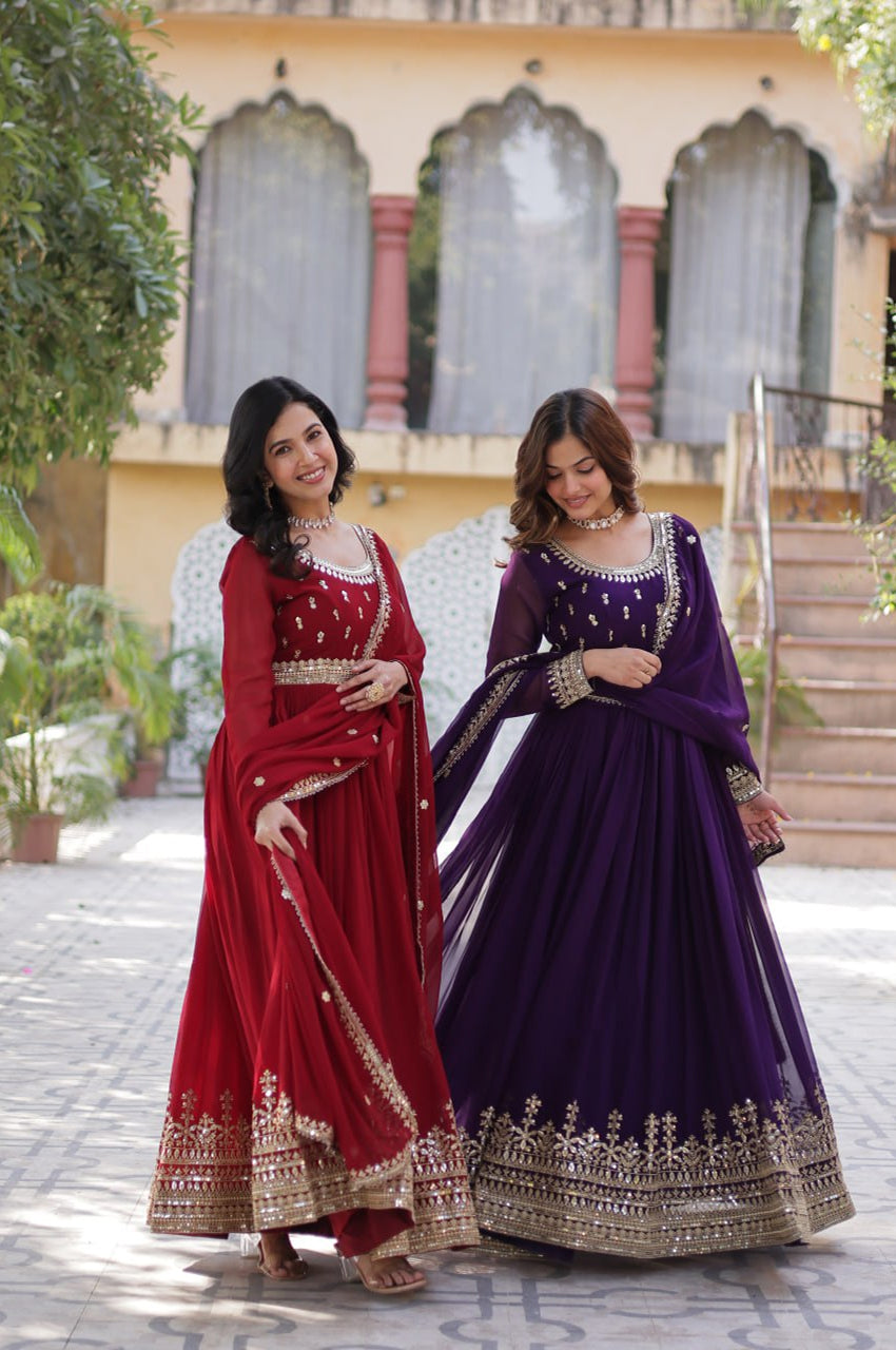 Maroon & Purple Faux Embroidered Gown with Dupatta – Regal Edition