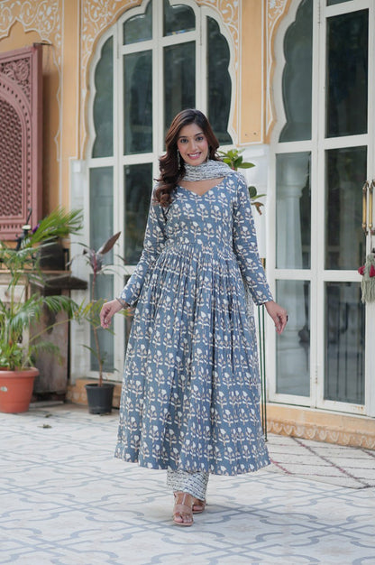 Pure Cotton Kurti Pant Dupatta Set | Gray & Orange | Ethnic Charm