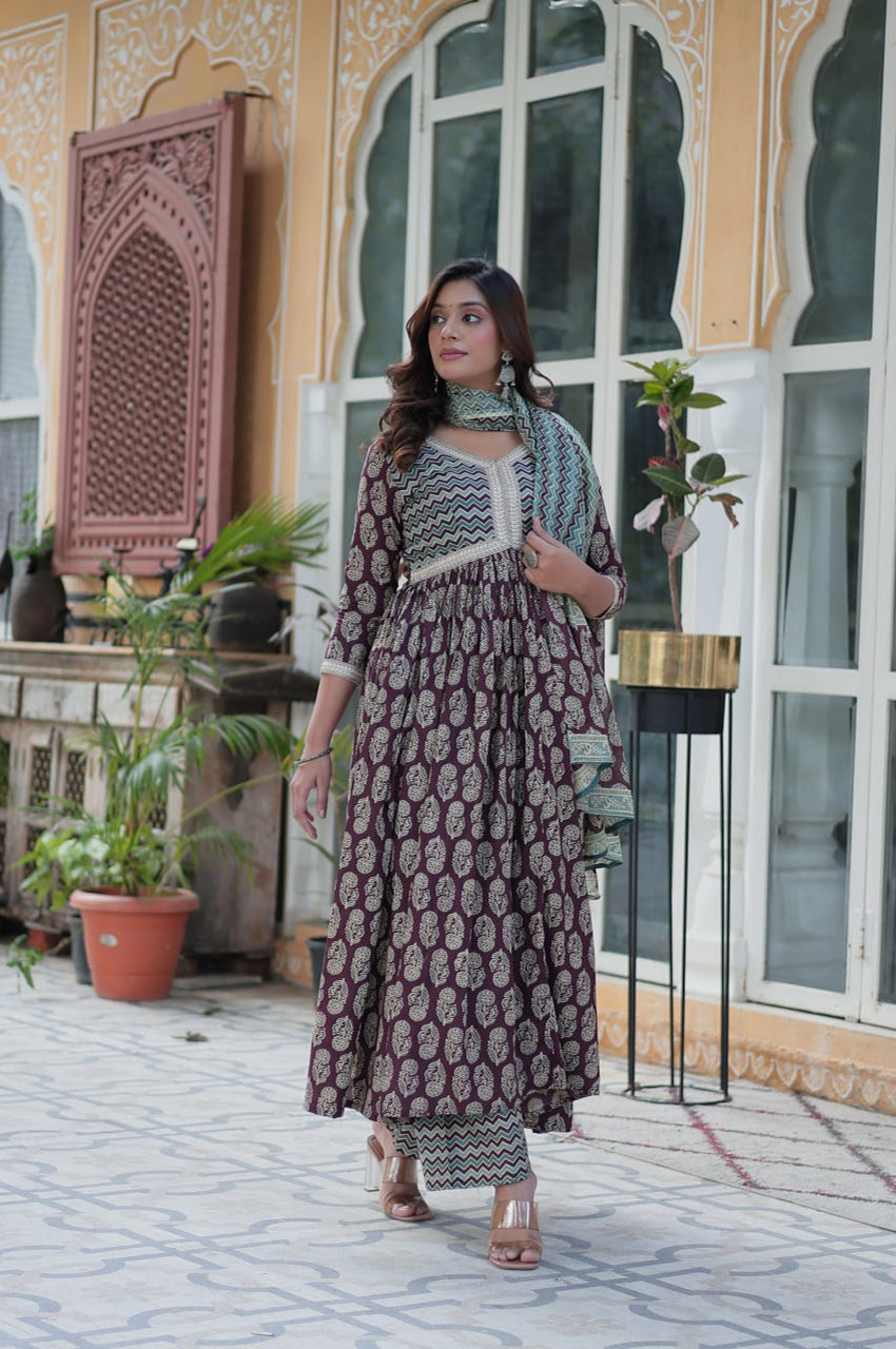 Pure Cotton Kurti Pant Dupatta Set | Coffee & Green | Ethnic Luxe