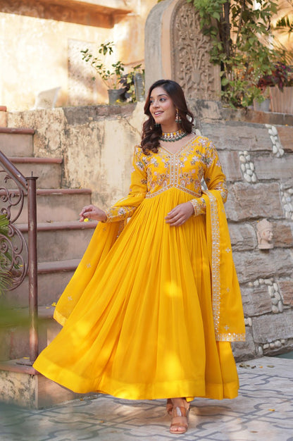 Yellow & Red Designer Gown Set with Zari Sequin Work