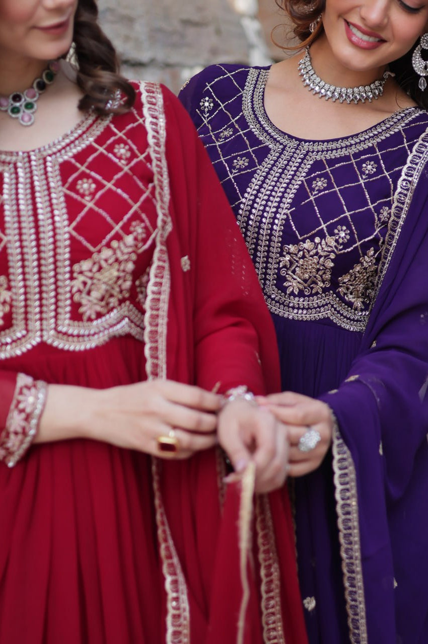 Premium Faux Blooming Embroidered Gown with Dupatta (Maroon & Purple)