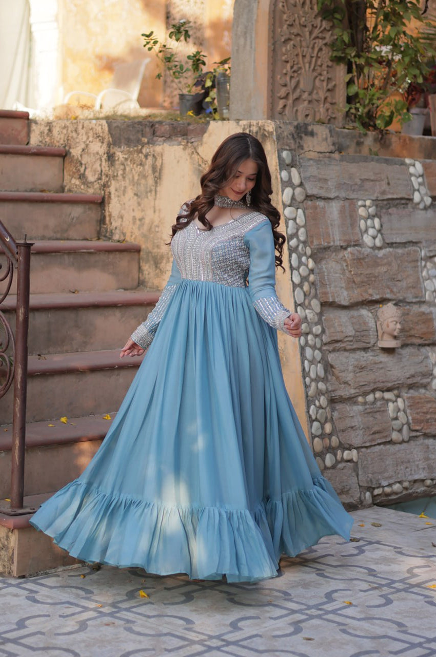 Elegant Star Georgette Gown with Beads + Dupatta | Sky Blue & Purple