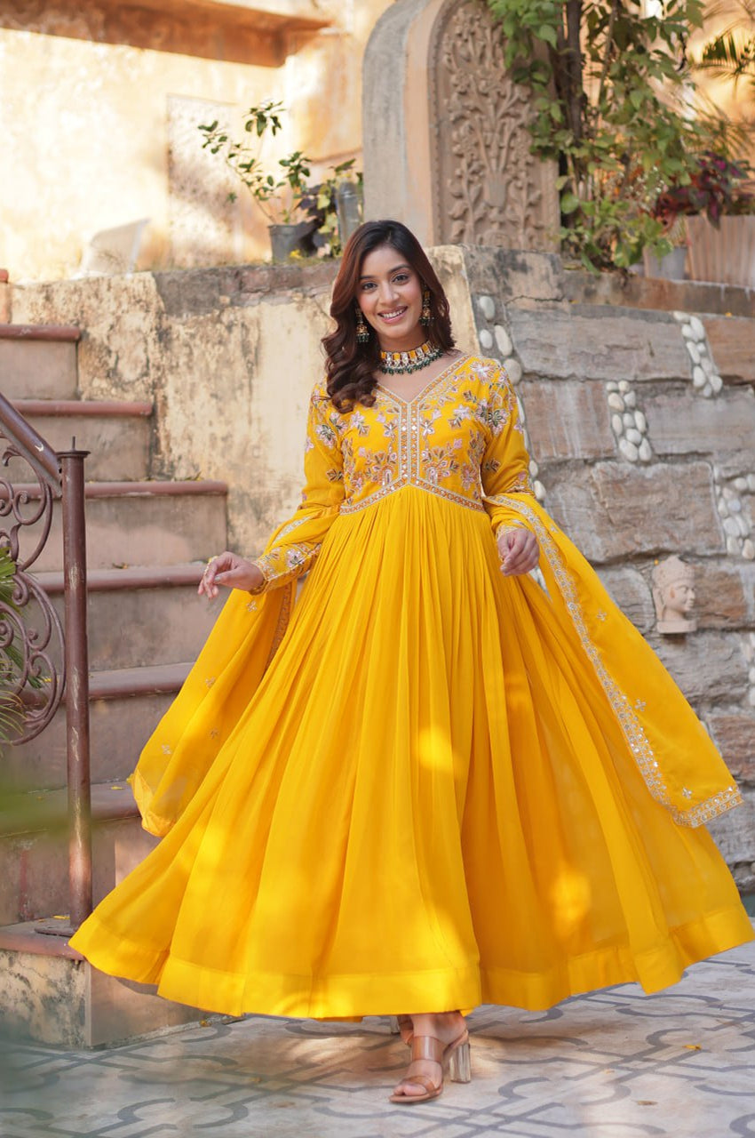 Yellow & Red Designer Gown Set with Zari Sequin Work