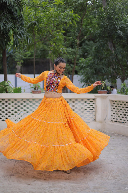 Bandhej Print Navratri Lehenga Choli with Gamthi Embroidery & Gotta Patti Lace – 12 Meter Flair (Fully Stitched)