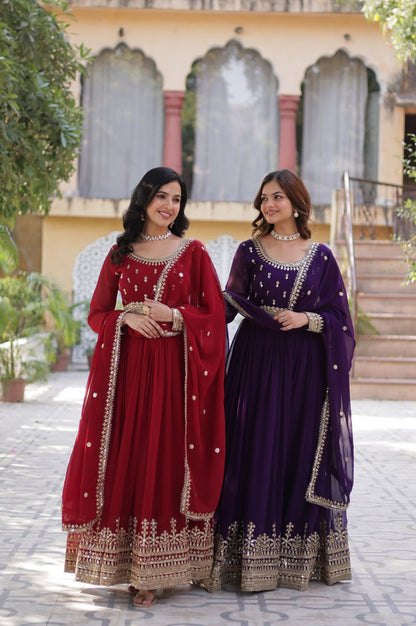 Maroon & Purple Faux Embroidered Gown with Dupatta – Regal Edition