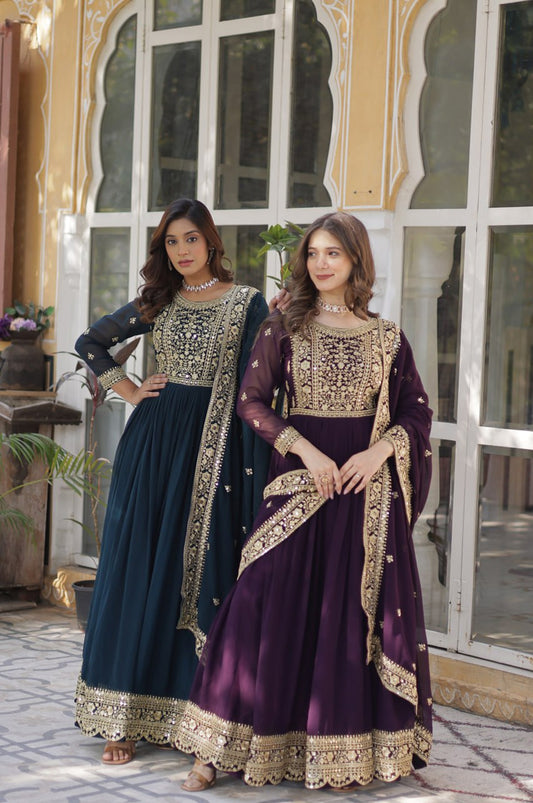 Faux Embroidered Gown Set | Rama & Purple | Premium Festive Wear