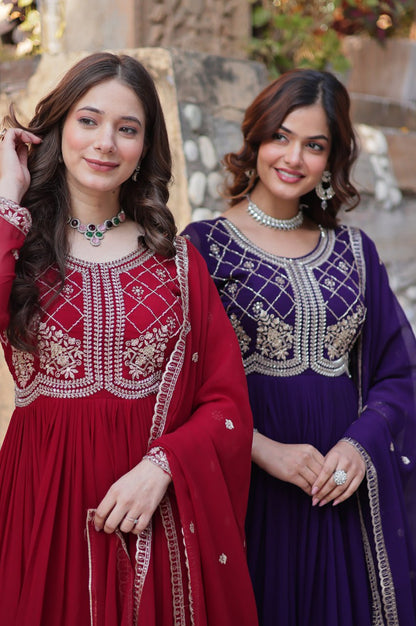 Premium Faux Blooming Embroidered Gown with Dupatta (Maroon & Purple)