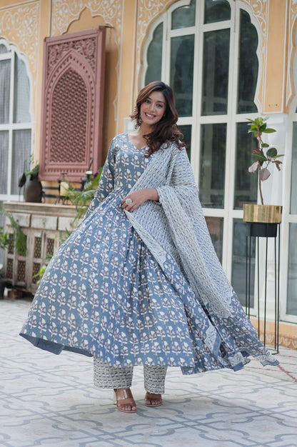 Pure Cotton Kurti Pant Dupatta Set | Gray & Orange | Ethnic Charm