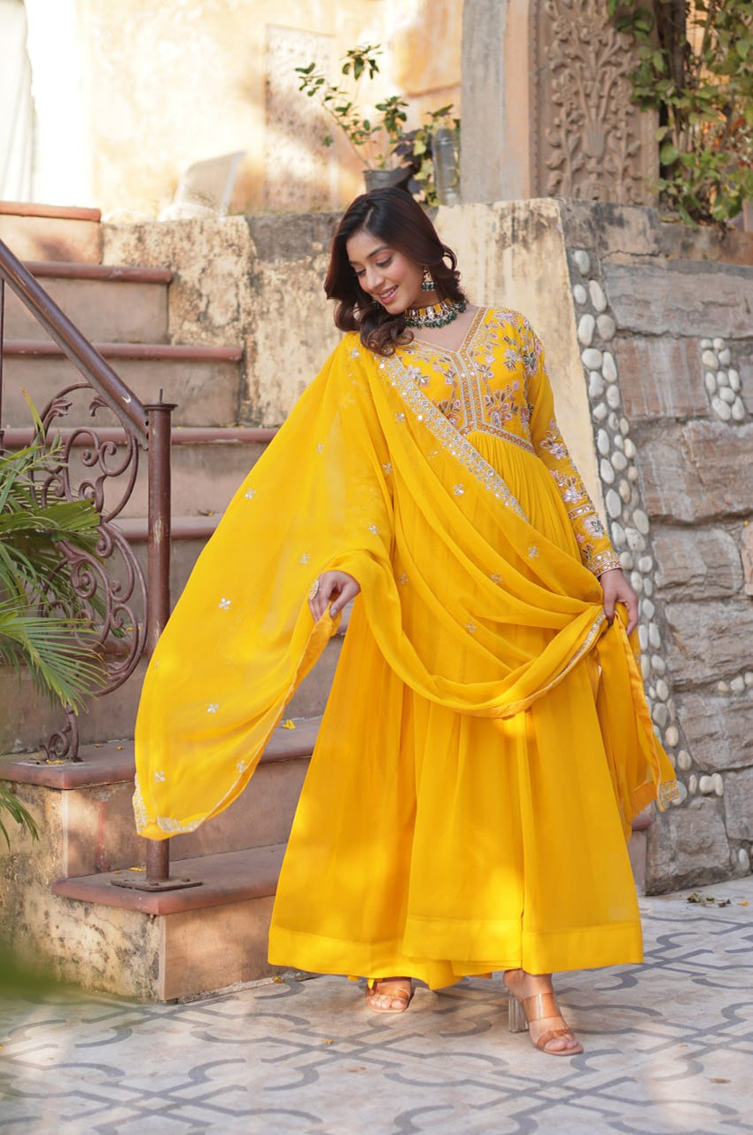 Yellow & Red Designer Gown Set with Zari Sequin Work
