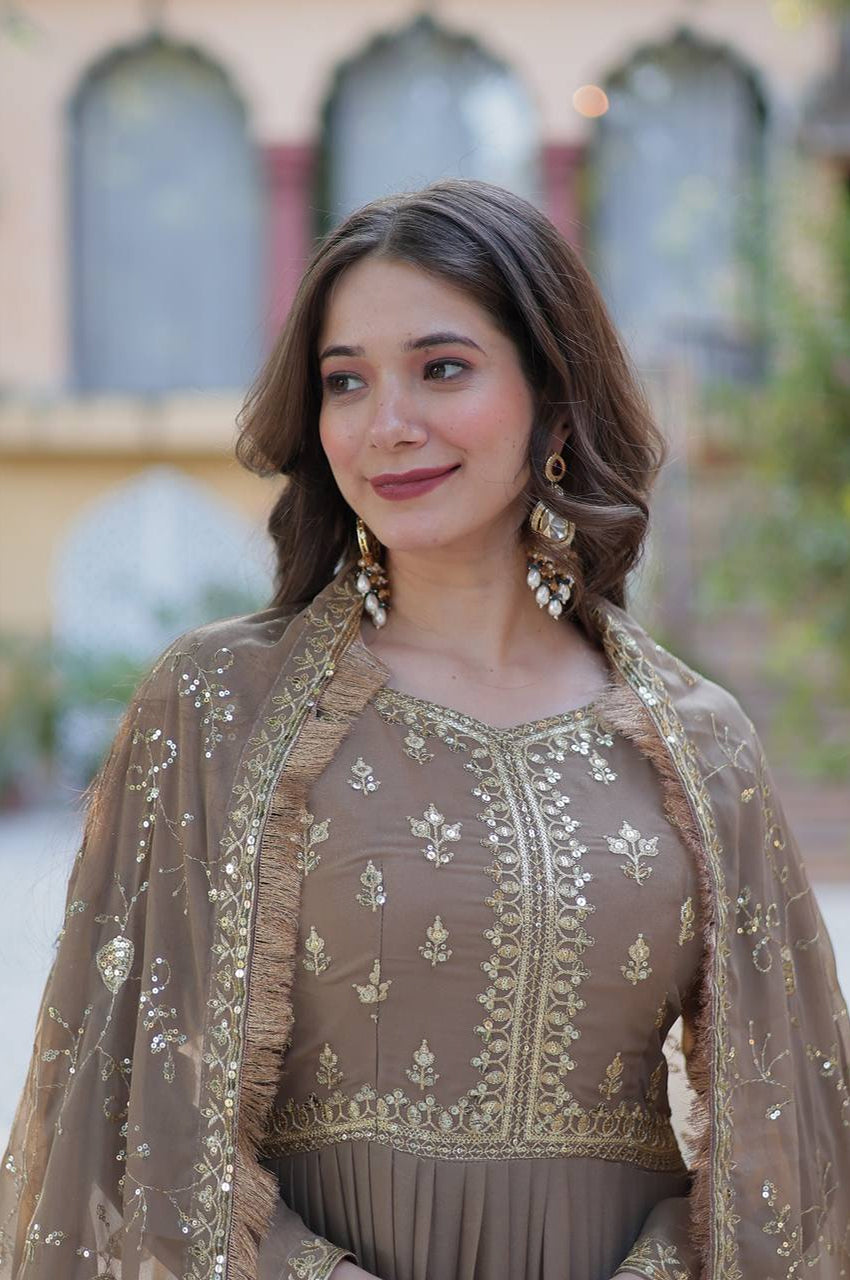 Premium Star Georgette Heavy Flair Gown with Embroidered Dupatta