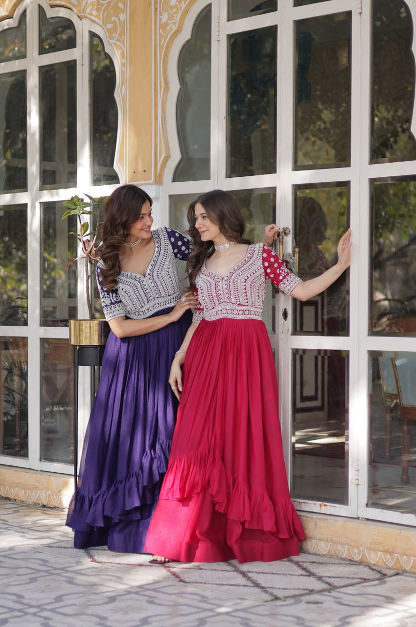 Slit-Cut Long Kurti with Lehenga Set | Purple & Red