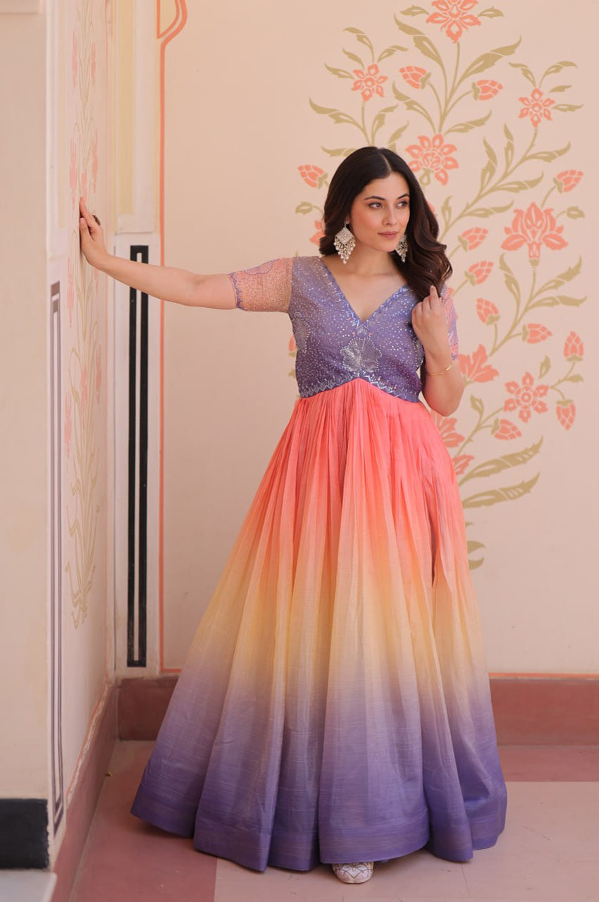 Multicolor Gold Crush Beads Embroidered Designer Gown