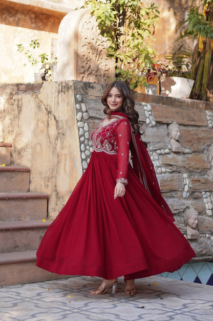 Premium Faux Blooming Embroidered Gown with Dupatta (Maroon & Purple)