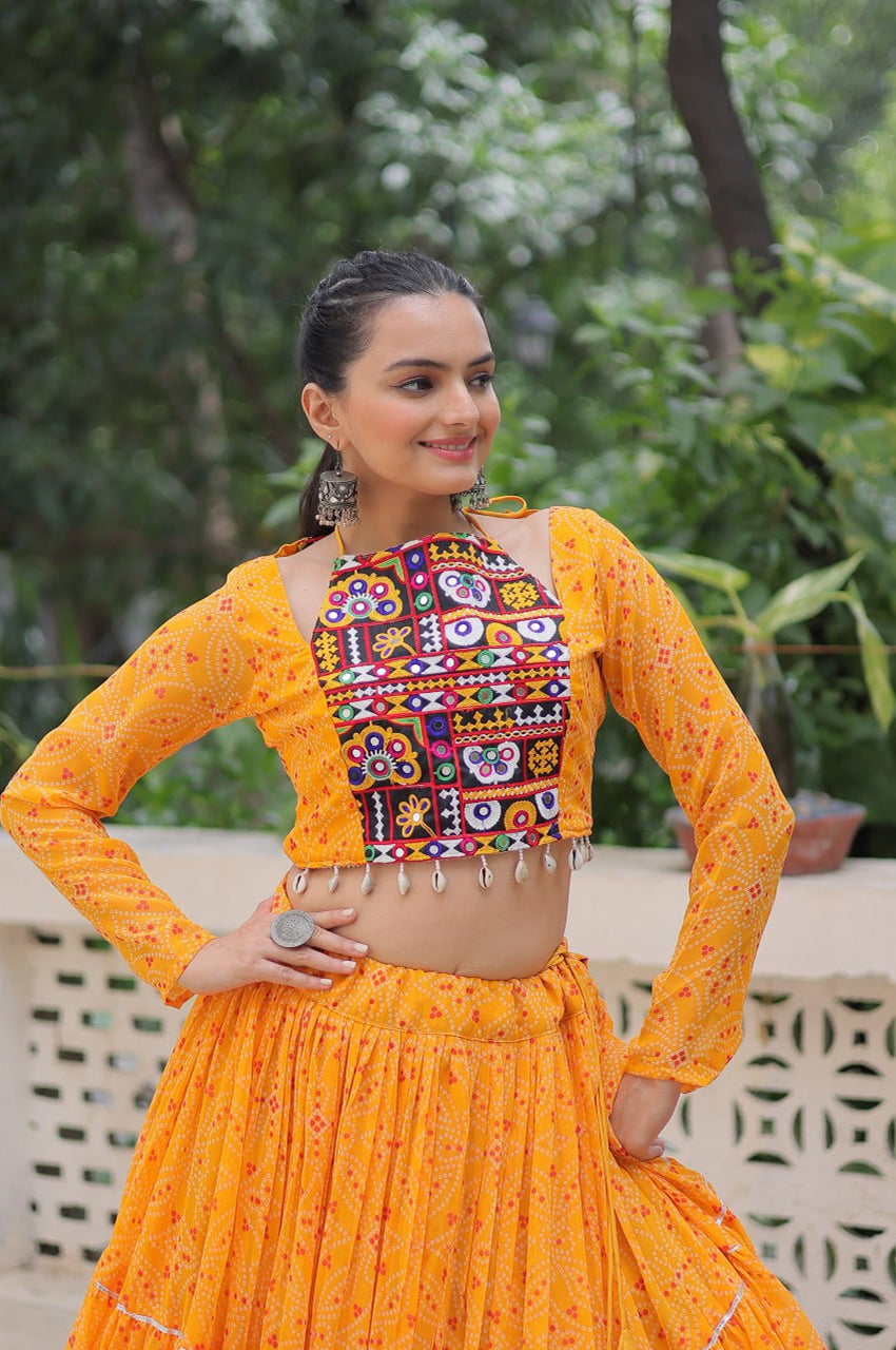 Bandhej Print Navratri Lehenga Choli with Gamthi Embroidery & Gotta Patti Lace – 12 Meter Flair (Fully Stitched)