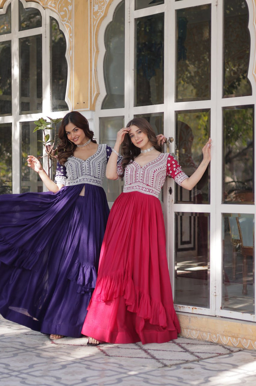 Slit-Cut Long Kurti with Lehenga Set | Purple & Red