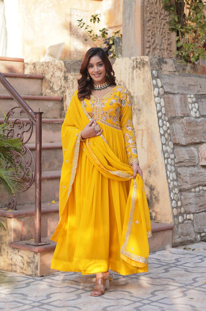 Yellow & Red Designer Gown Set with Zari Sequin Work