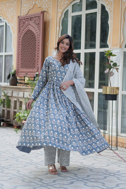 Pure Cotton Kurti Pant Dupatta Set | Gray & Orange | Ethnic Charm