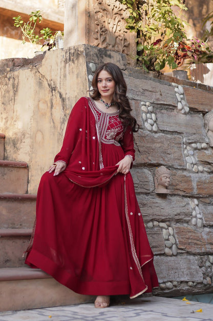 Premium Faux Blooming Embroidered Gown with Dupatta (Maroon & Purple)