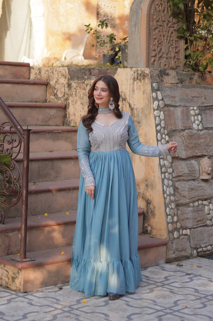 Elegant Star Georgette Gown with Beads + Dupatta | Sky Blue & Purple