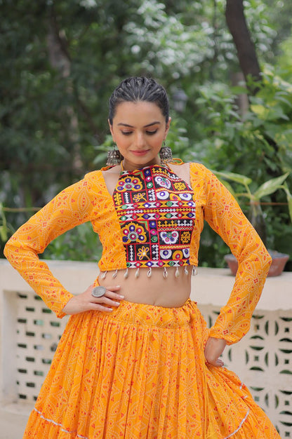 Bandhej Print Navratri Lehenga Choli with Gamthi Embroidery & Gotta Patti Lace – 12 Meter Flair (Fully Stitched)