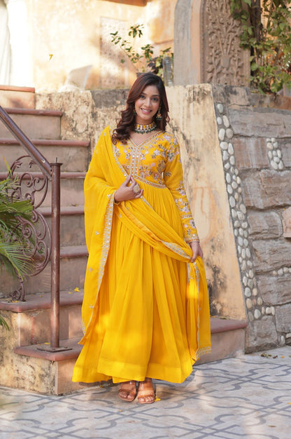 Yellow & Red Designer Gown Set with Zari Sequin Work