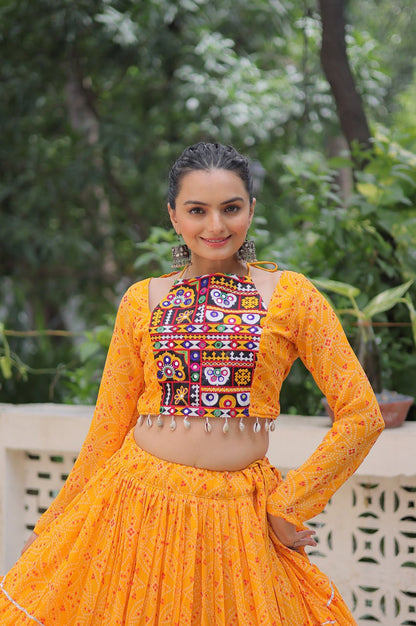 Bandhej Print Navratri Lehenga Choli with Gamthi Embroidery & Gotta Patti Lace – 12 Meter Flair (Fully Stitched)