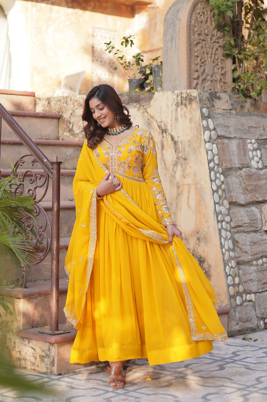 Yellow & Red Designer Gown Set with Zari Sequin Work