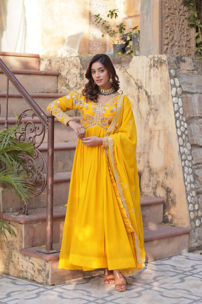 Yellow & Red Designer Gown Set with Zari Sequin Work
