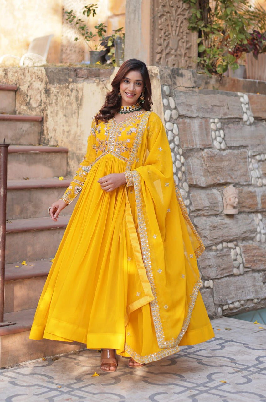 Yellow & Red Designer Gown Set with Zari Sequin Work