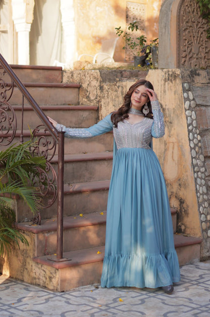 Elegant Star Georgette Gown with Beads + Dupatta | Sky Blue & Purple