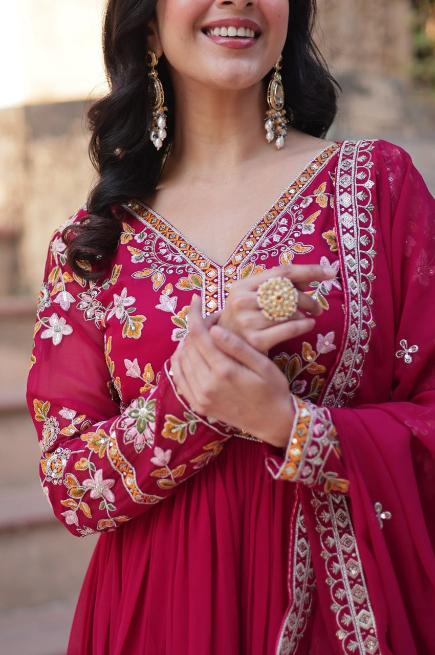 Yellow & Red Designer Gown Set with Zari Sequin Work