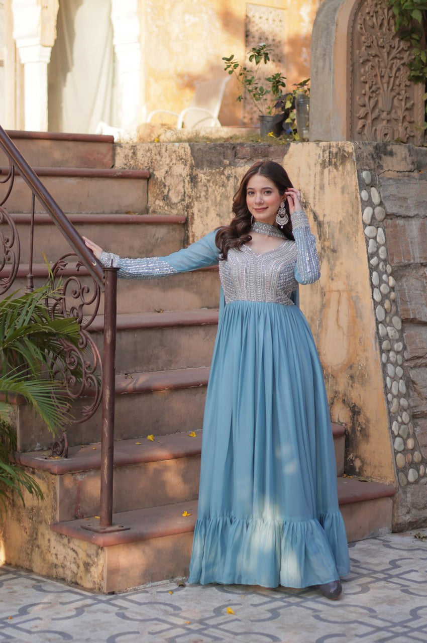 Elegant Star Georgette Gown with Beads + Dupatta | Sky Blue & Purple