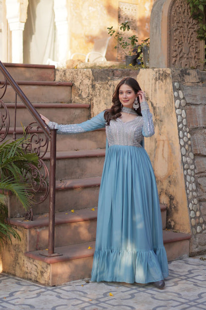 Elegant Star Georgette Gown with Beads + Dupatta | Sky Blue & Purple