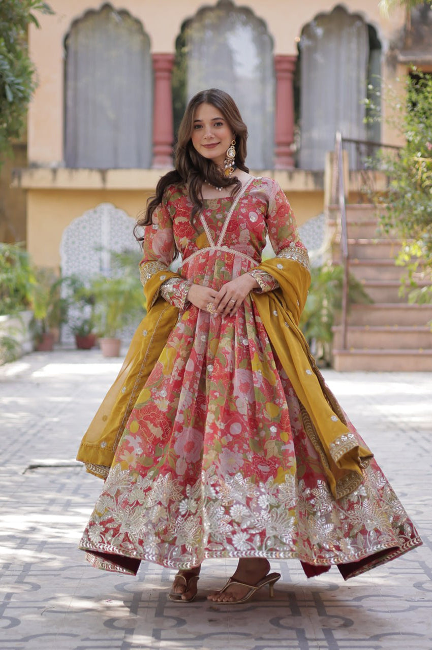 Elegant Alia Cut Russian Silk Gown with Dupatta (Orange & Green)