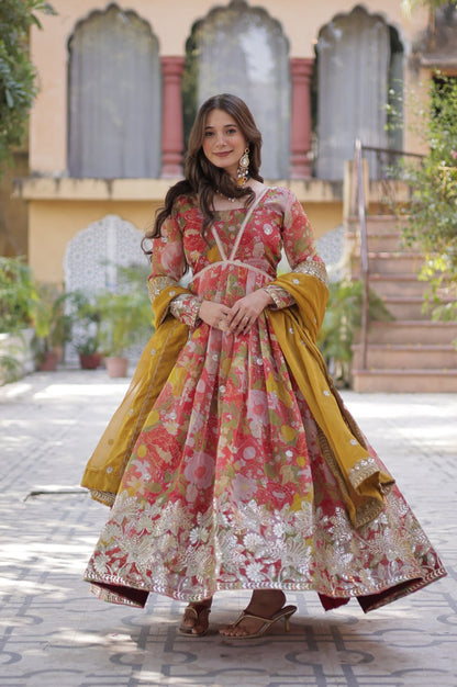 Elegant Alia Cut Russian Silk Gown with Dupatta (Orange & Green)