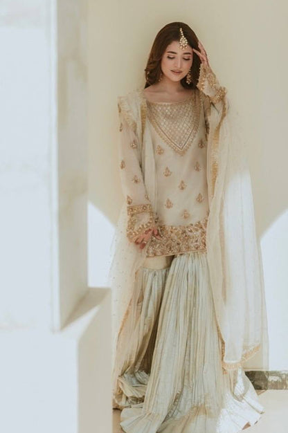 Embroidered Fox Georgette Sharara Suit with Moti Work Net Dupatta – Fully Stitched Elegance