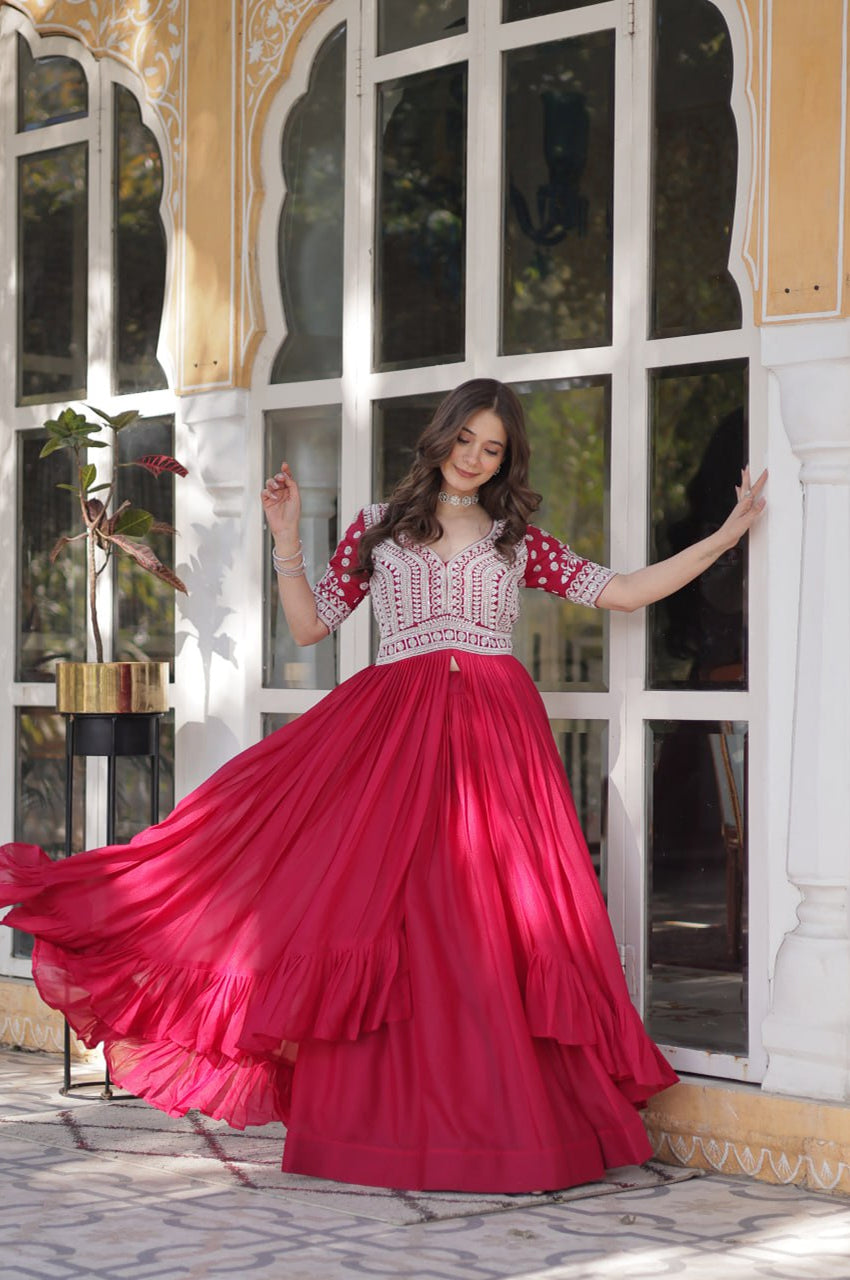 Slit-Cut Long Kurti with Lehenga Set | Purple & Red