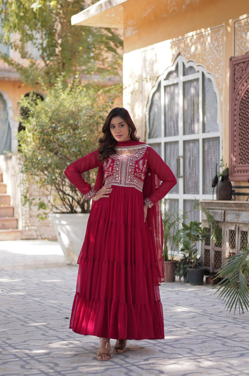 Premium Faux Blooming Gown with Pearl Embroidery & Dupatta (Red)