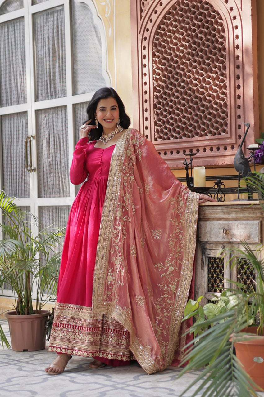 Rani Pink & Green Vichitra Gown with Dupatta – Festive Flair Edition